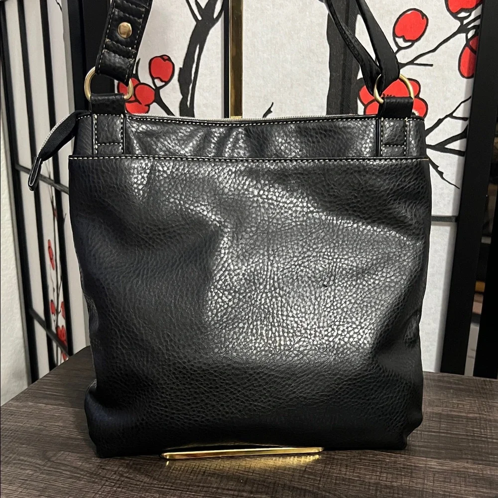 Relic Black Leather Messenger Bag with White Stitching